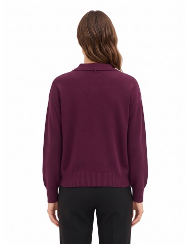 Camisola polo ampla em mistura de viscose com cristais cabochão na gola Rinascimento