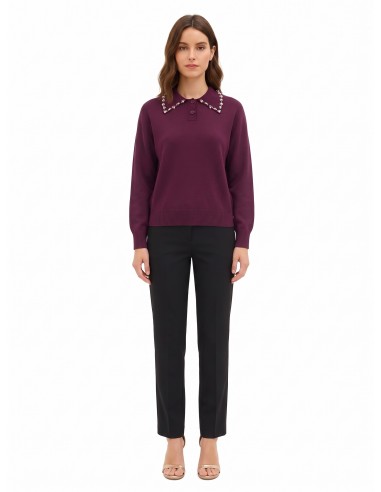 Camisola de gola polo ampla em mistura de viscose com cristais cabochon na gola Rinascimento