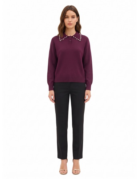 Camisola de gola polo ampla em mistura de viscose com cristais cabochon na gola Rinascimento