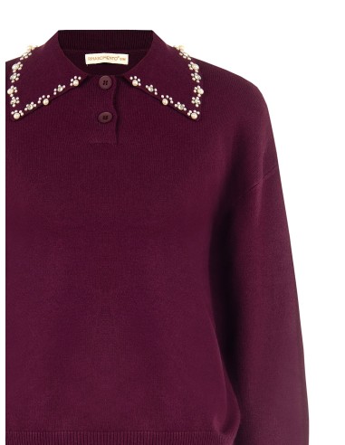Camisola polo larga em mistura de viscose com cristais cabochão na gola Rinascimento