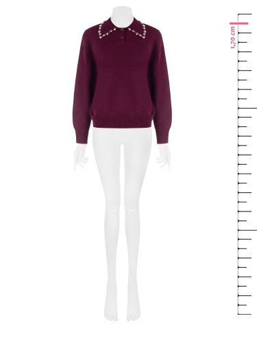 Camisola polo larga em mistura de viscose com cristais cabochão na gola Rinascimento