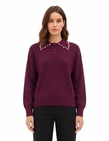 Camisola polo larga em mistura de viscose com cristais cabochão na gola Rinascimento
