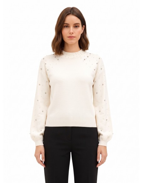 Camisola em mistura de viscose com cristais e pérolas Rinascimento