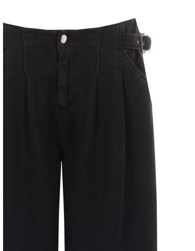 Bermudas de ganga wide leg com tiras nas ancas e pinças duplas Rinascimento