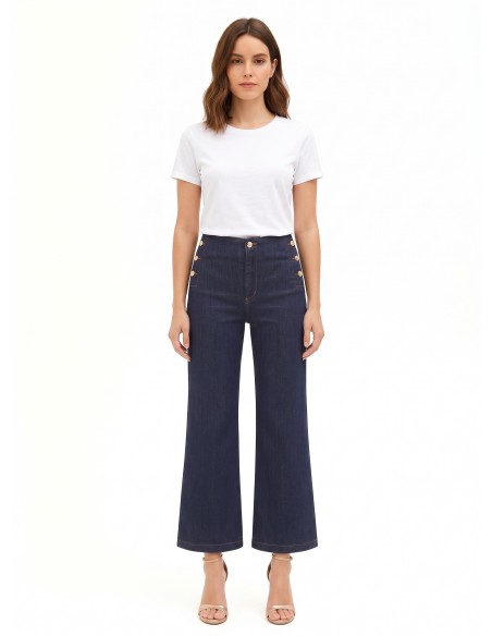 Calças de ganga wide leg cropped elásticas lavagem zero Rinascimento