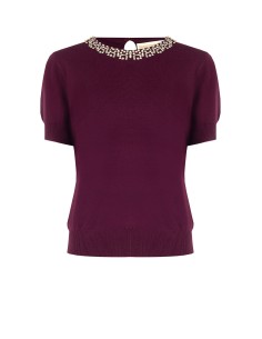 Camisola de mangas curtas em mistura de viscose com cristais cabochão Rinascimento