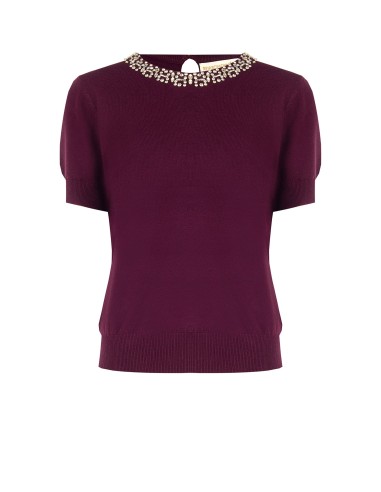 Camisola de mangas curtas em mistura de viscose com cristais cabochão Rinascimento