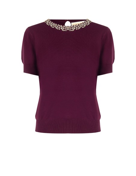 Camisola de mangas curtas em mistura de viscose com cristais cabochão Rinascimento