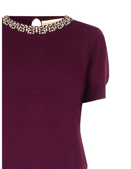 Camisola de manga curta em mistura de viscose com cristais cabochão Rinascimento