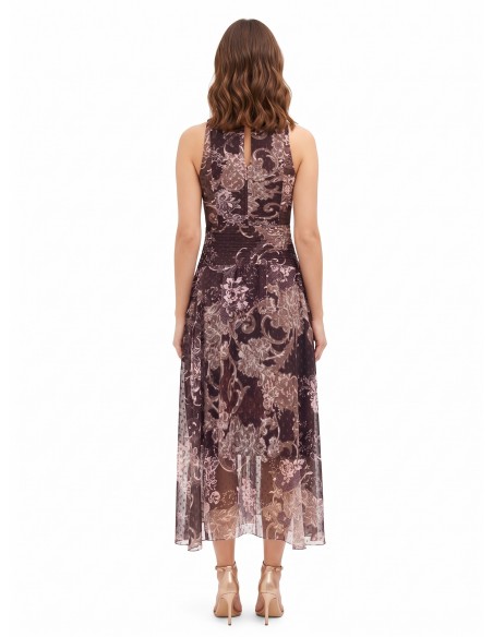 Vestido comprido em chiffon estampado com laço e cintura plissada Rinascimento