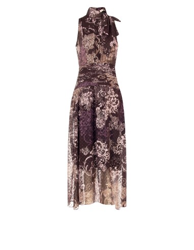 Vestido comprido em chiffon estampado com laço e cintura plissada Rinascimento