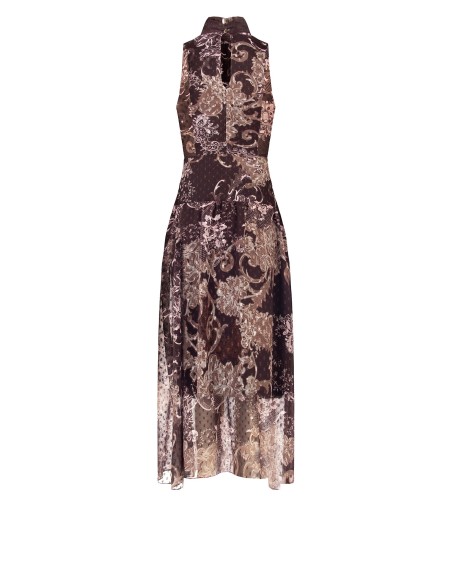 Vestido comprido em chiffon estampado com laço e cintura plissada Rinascimento