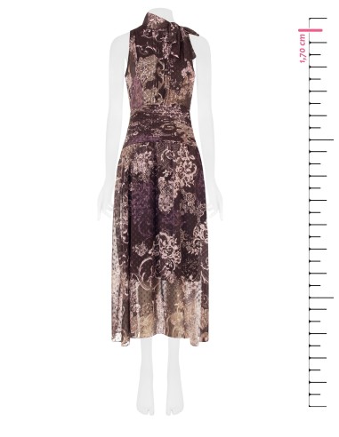 Vestido comprido em chiffon estampado com laço e cintura plissada Rinascimento