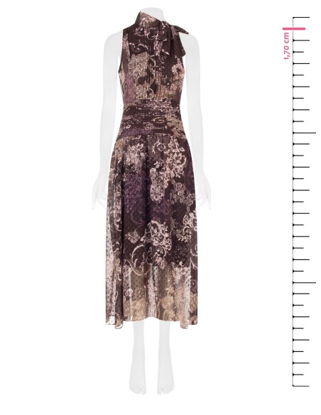 Vestido comprido em chiffon estampado com laço e cintura plissada Rinascimento