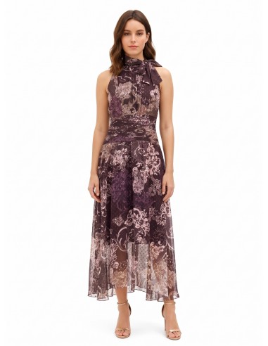 Vestido comprido em chiffon estampado com laço e cintura plissada Rinascimento