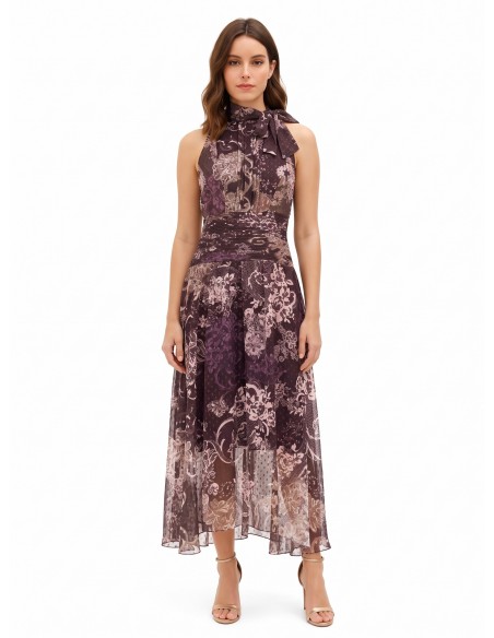 Vestido comprido em chiffon estampado com laço e cintura plissada Rinascimento