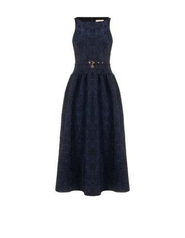 Vestido midi em tecido jacquard gofrado com lurex e saia de roda Rinascimento