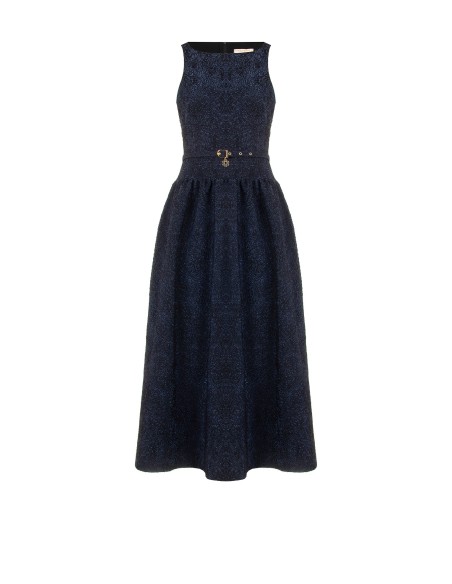 Vestido midi em tecido jacquard gofrado com lurex e saia de roda Rinascimento