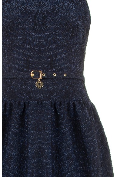 Vestido midi em tecido jacquard gofrado com lurex e saia em corola Rinascimento