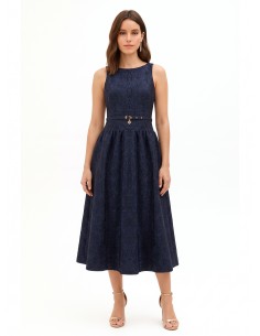 Vestido midi em tecido jacquard gofrado com lurex e saia rodada Rinascimento