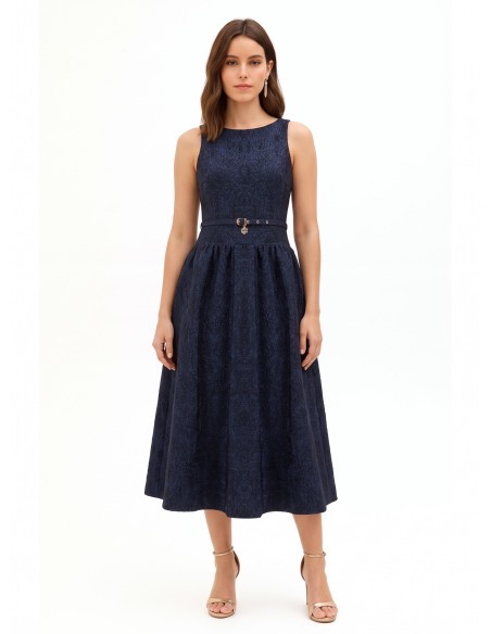 Vestido midi em tecido jacquard gofrado com lurex e saia rodada Rinascimento