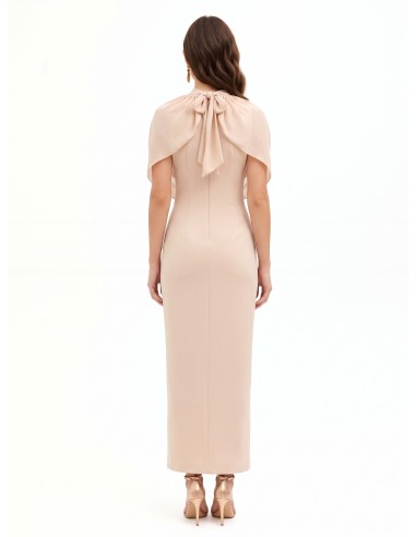 Vestido comprido de corte justo em crepe scuba com drapeado em georgette Rinascimento