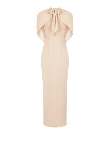 Vestido comprido justo em crepe scuba com drapeado em georgette Rinascimento