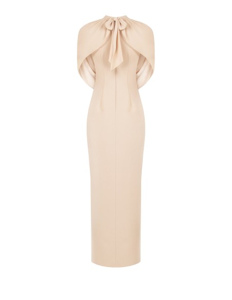 Vestido comprido justo em crepe scuba com drapeado em georgette Rinascimento
