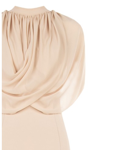 Vestido comprido justo em crepe scuba com drapeado em georgette Rinascimento