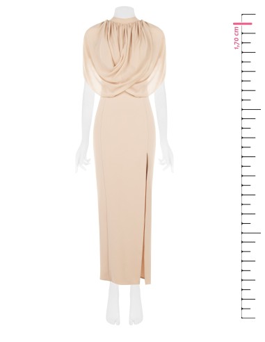 Vestido comprido justo em crepe scuba com drapeado em georgette Rinascimento