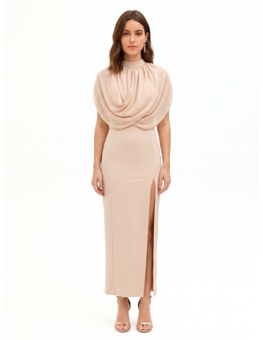 Vestido comprido justo em crepe scuba com drapeado em georgette Rinascimento