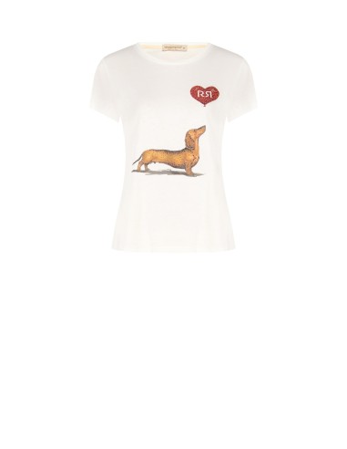 T-shirt regular de algodão com estampado de cão salsicha, coração e strass Rinascimento