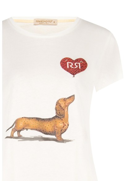 T-shirt regular em algodão com estampado de cão-salsicha, coração e strass Rinascimento