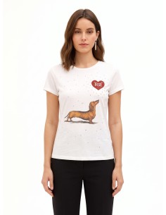 T-shirt regular em algodão com estampa de cão-salsicha, coração e strass Rinascimento