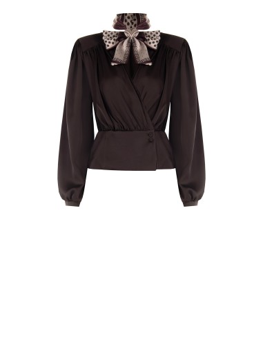 Blusa envelope em cetim com decote em V e lenço removível com logótipo Rinascimento