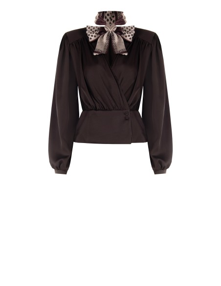 Blusa envelope em cetim com decote em V e lenço removível com logótipo Rinascimento