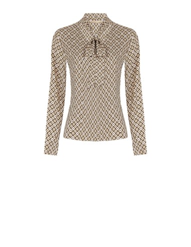 Blusa em viscose com padrão geométrico, decote em V e laço Rinascimento