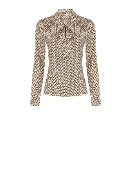 Blusa em viscose com padrão geométrico, decote em V e laço Rinascimento