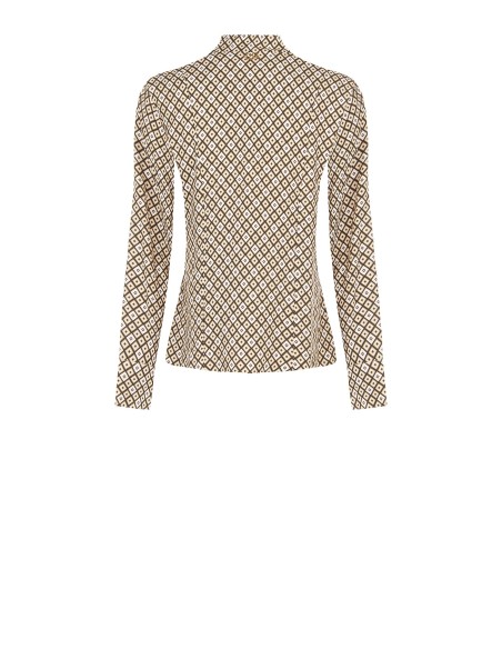 Blusa em viscose com padrão geométrico, decote em V e laço Rinascimento
