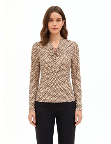 Blusa de viscose com padrão geométrico, decote em V e laço Rinascimento