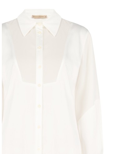 Camisa ampla e fluida em cetim com aplicação em georgette semitransparente Rinascimento
