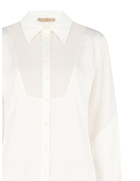 Camisa ampla e fluida em cetim com aplicação em georgette semitransparente Rinascimento