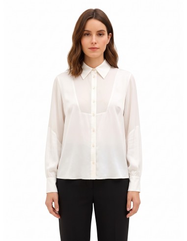Camisa ampla e fluida em cetim com aplicação em georgette semitransparente Rinascimento