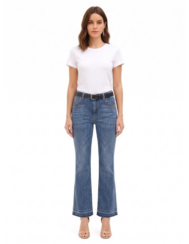 Jeans à boca de sino elásticos com tachas e bainha desfiada Rinascimento