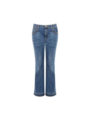 Jeans Flare Elásticos com Tachas e Bainha Desfiada Rinascimento
