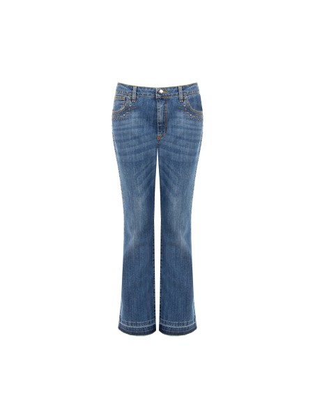 Jeans Flare Elásticos com Tachas e Bainha Desfiada Rinascimento