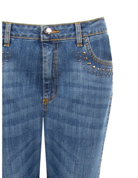 Jeans à boca de sino elásticos com tachas e bainha desfiada Rinascimento