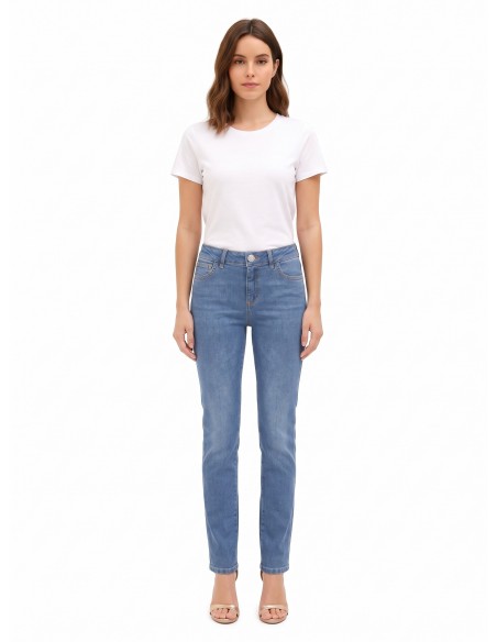 Jeans Straight Elásticos Lavagem Média Rinascimento