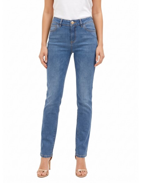 Jeans Straight Elásticos Lavagem Média Rinascimento