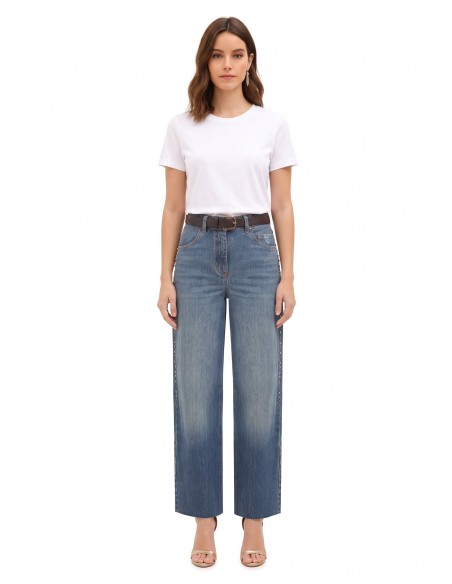 Jeans Wide Leg com tachas e cristais nas laterais Rinascimento